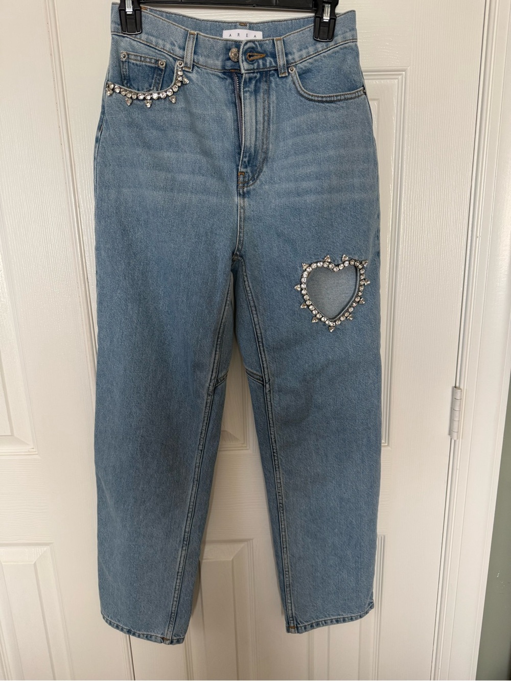 AREA Light Blue Straight-Leg Jeans with Jeweled Heart